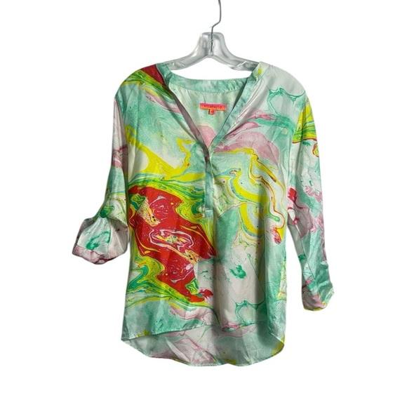 Vilagallo 100% Silk Abstract All Over Printed Blouse Size 8 Art to Wear - Picture 1 of 9